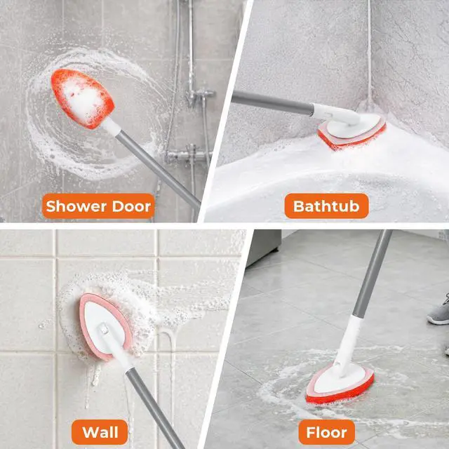 Alt view image 7 of 7 - Bathtub Scrubber with Long Handle - Shower Scrub Brush with 8 Replacement Scouring Pads, Bathroom Cleaning Brush for Tub, Tile, Floor