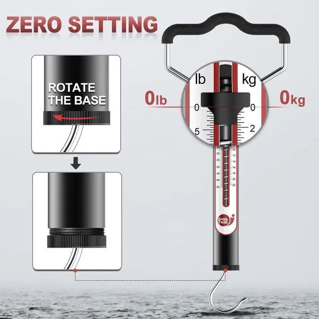 Alt view image 3 of 7 - 20 LB / 50 LB Aluminum Tube Spring Fish Scale with Peak Weight Marker & Zero Reset, Mechanical Fishing Weighing Gauge with Hook, Non-Digital Hand Held Pull Weigher, Hanging Drag Scale