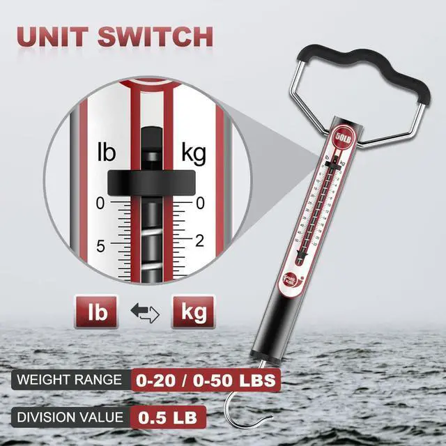 Alt view image 5 of 7 - 20 LB / 50 LB Aluminum Tube Spring Fish Scale with Peak Weight Marker & Zero Reset, Mechanical Fishing Weighing Gauge with Hook, Non-Digital Hand Held Pull Weigher, Hanging Drag Scale