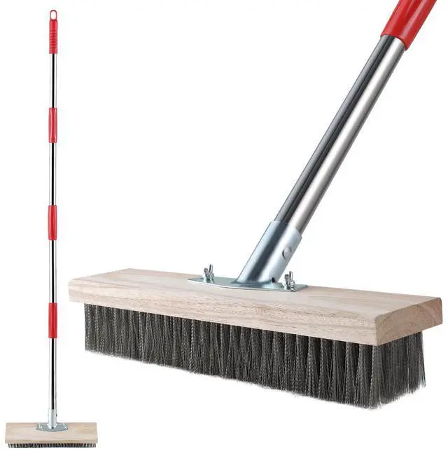 Main image of Heavy Duty Wire Broom with Telescopic Handle(57IN), Stiff Metal Bristle Brush for Removing Weed Moss, Outdoor Floor Scrub Brush for Patio, Deck, Garden, Concrete, Garage
