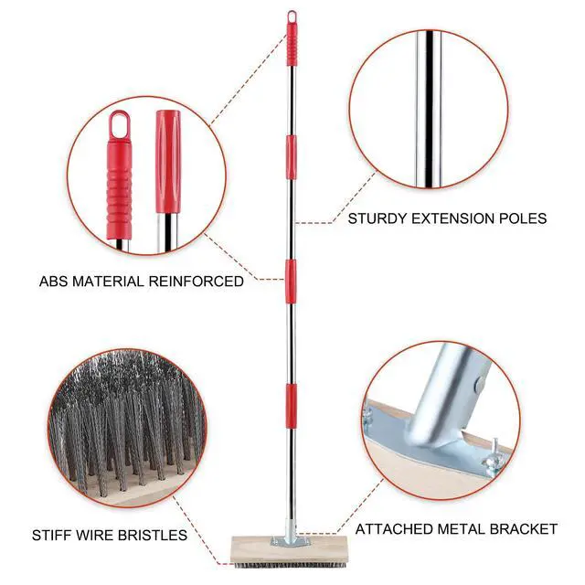 Alt view image 5 of 6 - Heavy Duty Wire Broom with Telescopic Handle(57IN), Stiff Metal Bristle Brush for Removing Weed Moss, Outdoor Floor Scrub Brush for Patio, Deck, Garden, Concrete, Garage