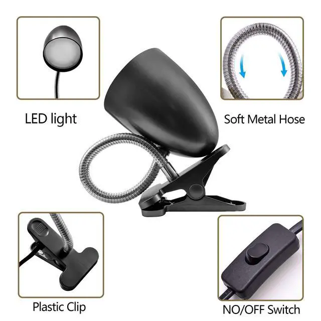 Alt view image 4 of 7 - Clip on Light for Bed, Non-Dimmable Clip on Reading Light for Bed, 4000K Cool White, 3.5W 240 LM Desk lamp with clamp, Eye Protection, ETL Listed, Black
