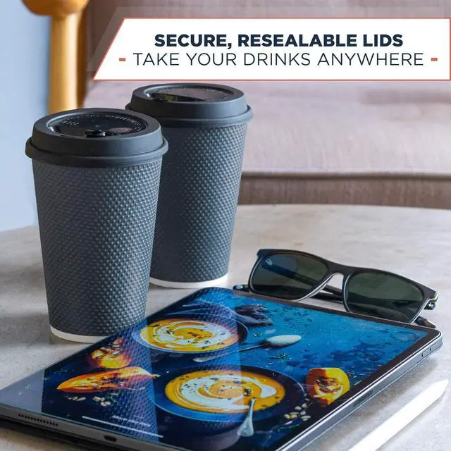 Alt view image 3 of 6 - Disposable Coffee Cups With Lids - 12 oz Togo Coffee Cup With Lid (80 Set). Large To Go Travel Paper Hot Cups Insulated For Hot and Cold Beverage Drinks, No Sleeves Needed (Dusk Grey)