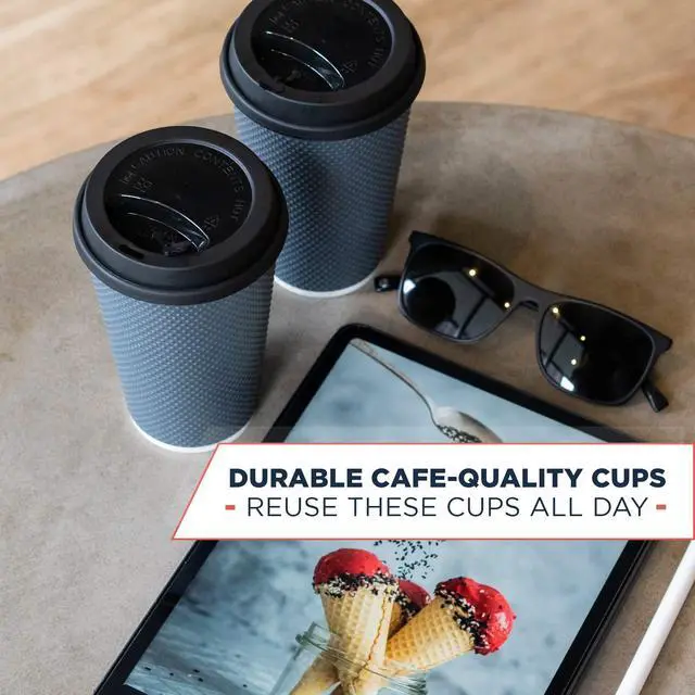 Alt view image 4 of 6 - Disposable Coffee Cups With Lids - 12 oz Togo Coffee Cup With Lid (80 Set). Large To Go Travel Paper Hot Cups Insulated For Hot and Cold Beverage Drinks, No Sleeves Needed (Dusk Grey)
