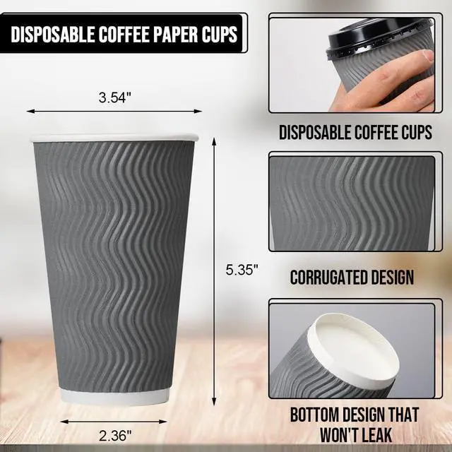 Alt view image 2 of 6 - 100 Pack 16 oz Coffee Cups with Lids, Disposable Insulated Hot Cups To Go Paper Coffee Cups, Corrugated Ripple Wall Cup for Hot Drink, Office, Coffee Bar (Grey 16 oz)