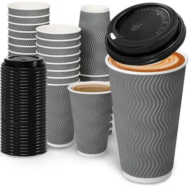 Main image of 100 Pack 16 oz Coffee Cups with Lids, Disposable Insulated Hot Cups To Go Paper Coffee Cups, Corrugated Ripple Wall Cup for Hot Drink, Office, Coffee Bar (Grey 16 oz)