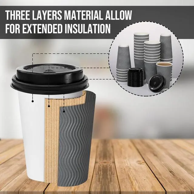 Alt view image 3 of 6 - 100 Pack 16 oz Coffee Cups with Lids, Disposable Insulated Hot Cups To Go Paper Coffee Cups, Corrugated Ripple Wall Cup for Hot Drink, Office, Coffee Bar (Grey 16 oz)