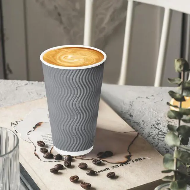 Alt view image 4 of 6 - 100 Pack 16 oz Coffee Cups with Lids, Disposable Insulated Hot Cups To Go Paper Coffee Cups, Corrugated Ripple Wall Cup for Hot Drink, Office, Coffee Bar (Grey 16 oz)