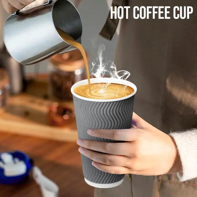 Alt view image 5 of 6 - 100 Pack 16 oz Coffee Cups with Lids, Disposable Insulated Hot Cups To Go Paper Coffee Cups, Corrugated Ripple Wall Cup for Hot Drink, Office, Coffee Bar (Grey 16 oz)