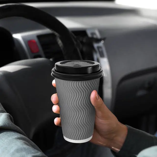 Alt view image 6 of 6 - 100 Pack 16 oz Coffee Cups with Lids, Disposable Insulated Hot Cups To Go Paper Coffee Cups, Corrugated Ripple Wall Cup for Hot Drink, Office, Coffee Bar (Grey 16 oz)