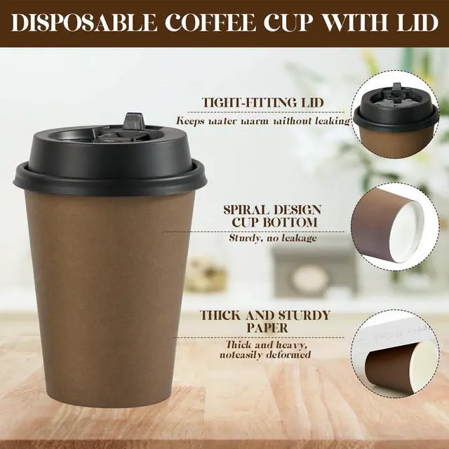 Alt view image 3 of 7 - 100 Pack 12 oz Disposable Paper Coffee Cups with Lids for Coffee, Water, Juice, or Tea, Brown Hot Paper Cups for Home, Restaurant, Store, and Cafe