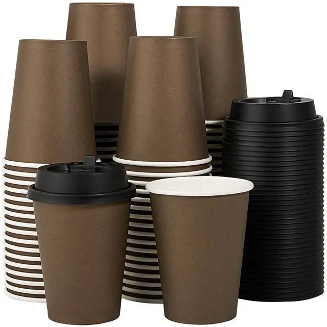 Main image of 100 Pack 12 oz Disposable Paper Coffee Cups with Lids for Coffee, Water, Juice, or Tea, Brown Hot Paper Cups for Home, Restaurant, Store, and Cafe