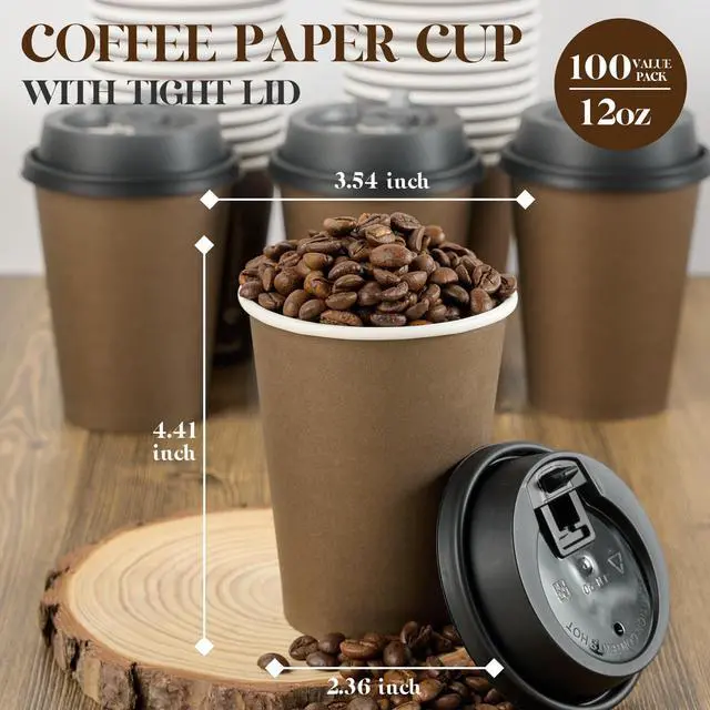 Alt view image 2 of 7 - 100 Pack 12 oz Disposable Paper Coffee Cups with Lids for Coffee, Water, Juice, or Tea, Brown Hot Paper Cups for Home, Restaurant, Store, and Cafe