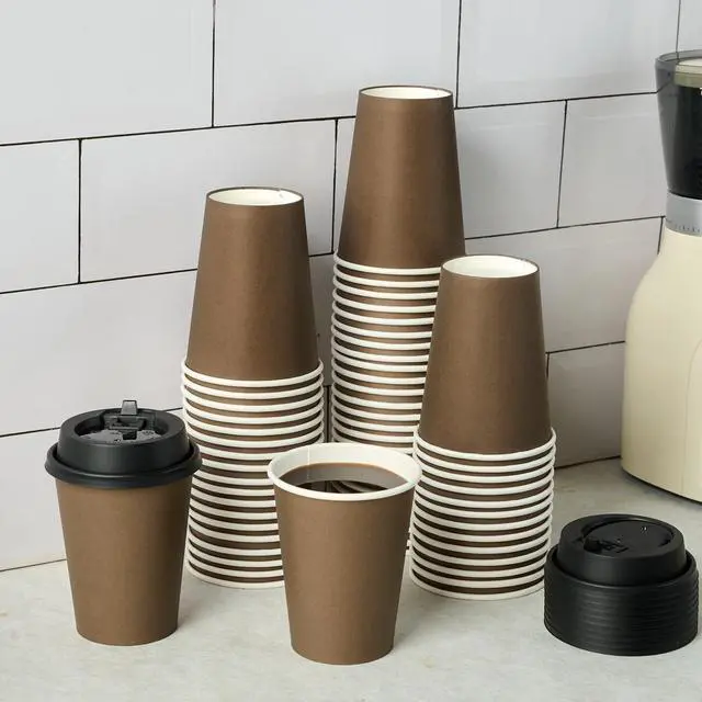 Alt view image 4 of 7 - 100 Pack 12 oz Disposable Paper Coffee Cups with Lids for Coffee, Water, Juice, or Tea, Brown Hot Paper Cups for Home, Restaurant, Store, and Cafe