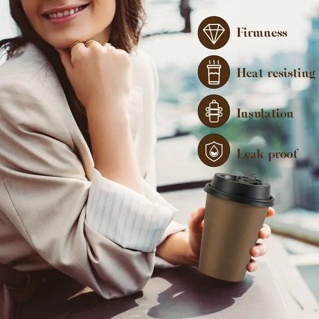 Alt view image 5 of 7 - 100 Pack 12 oz Disposable Paper Coffee Cups with Lids for Coffee, Water, Juice, or Tea, Brown Hot Paper Cups for Home, Restaurant, Store, and Cafe
