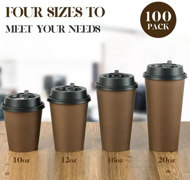 Alt view image 7 of 7 - 100 Pack 12 oz Disposable Paper Coffee Cups with Lids for Coffee, Water, Juice, or Tea, Brown Hot Paper Cups for Home, Restaurant, Store, and Cafe