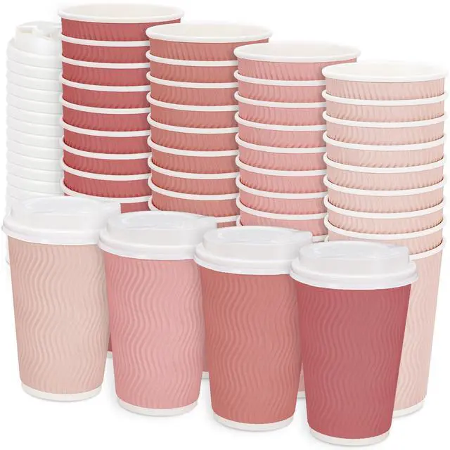 Main image of 100Pcs Pink Disposable Coffee Cups with Lids 4 Gradient Pink Colors Paper Cups Corrugated Ripple Wall Insulated Hot Cup 16 Oz To Go Hot Cold Cup for Drinks for Home Office Party Supplies