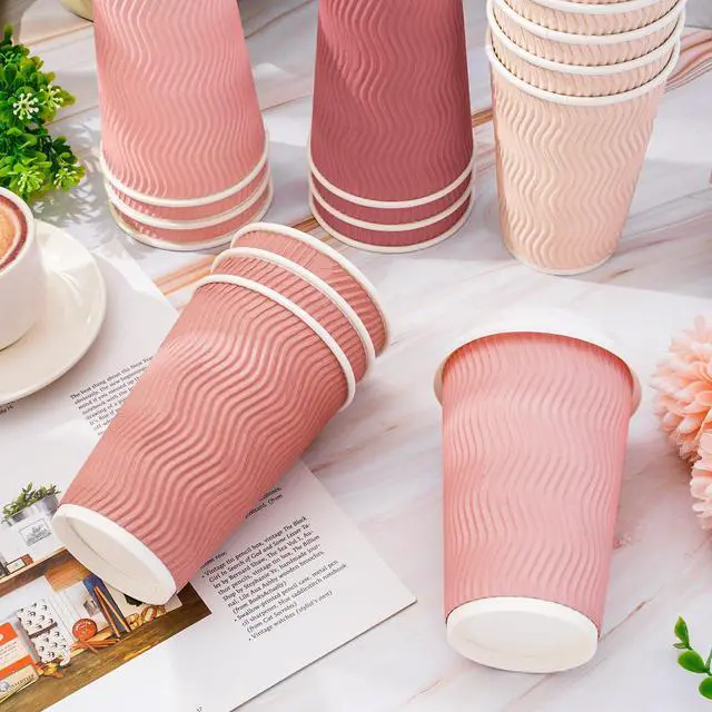 Alt view image 3 of 7 - 100Pcs Pink Disposable Coffee Cups with Lids 4 Gradient Pink Colors Paper Cups Corrugated Ripple Wall Insulated Hot Cup 16 Oz To Go Hot Cold Cup for Drinks for Home Office Party Supplies