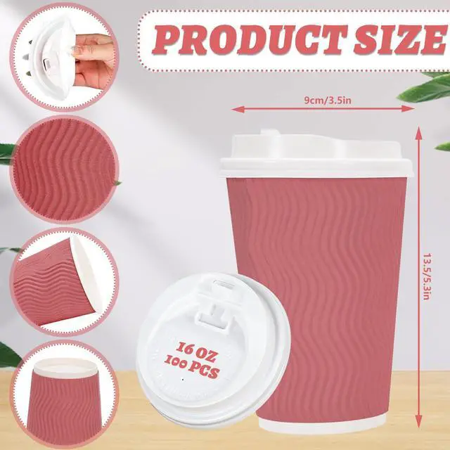 Alt view image 2 of 7 - 100Pcs Pink Disposable Coffee Cups with Lids 4 Gradient Pink Colors Paper Cups Corrugated Ripple Wall Insulated Hot Cup 16 Oz To Go Hot Cold Cup for Drinks for Home Office Party Supplies