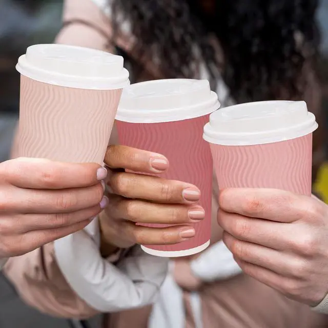 Alt view image 5 of 7 - 100Pcs Pink Disposable Coffee Cups with Lids 4 Gradient Pink Colors Paper Cups Corrugated Ripple Wall Insulated Hot Cup 16 Oz To Go Hot Cold Cup for Drinks for Home Office Party Supplies