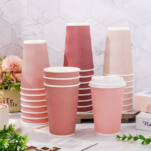 Alt view image 4 of 7 - 100Pcs Pink Disposable Coffee Cups with Lids 4 Gradient Pink Colors Paper Cups Corrugated Ripple Wall Insulated Hot Cup 16 Oz To Go Hot Cold Cup for Drinks for Home Office Party Supplies