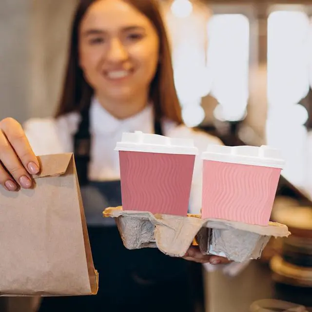 Alt view image 6 of 7 - 100Pcs Pink Disposable Coffee Cups with Lids 4 Gradient Pink Colors Paper Cups Corrugated Ripple Wall Insulated Hot Cup 16 Oz To Go Hot Cold Cup for Drinks for Home Office Party Supplies