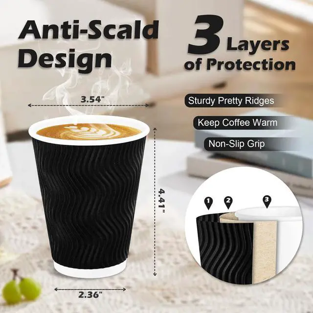 Alt view image 2 of 7 - Disposable Coffee Cups 12 oz 100 Pack, Paper Coffee Cups 12 oz for Hot Drinks or Cold Beverages, Insulated Corrugated Ripple Wall Cup for Office, Cafe, Home or Travel (Black)