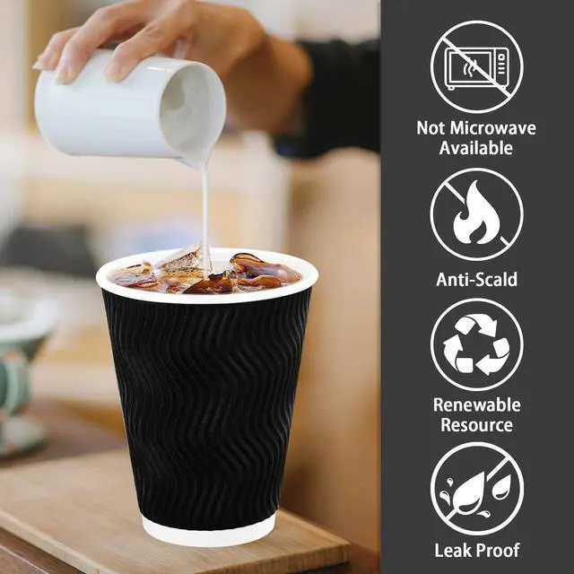Alt view image 3 of 7 - Disposable Coffee Cups 12 oz 100 Pack, Paper Coffee Cups 12 oz for Hot Drinks or Cold Beverages, Insulated Corrugated Ripple Wall Cup for Office, Cafe, Home or Travel (Black)