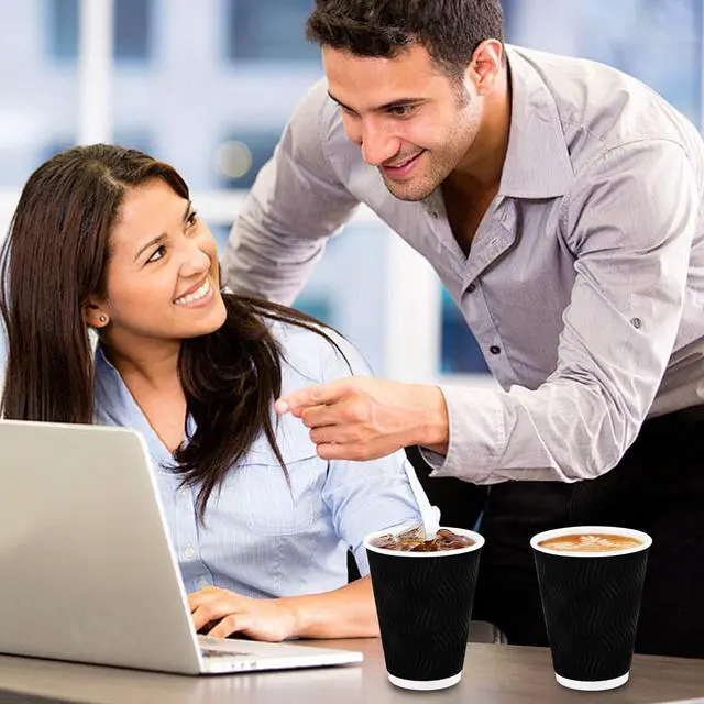 Alt view image 4 of 7 - Disposable Coffee Cups 12 oz 100 Pack, Paper Coffee Cups 12 oz for Hot Drinks or Cold Beverages, Insulated Corrugated Ripple Wall Cup for Office, Cafe, Home or Travel (Black)