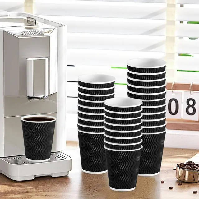 Alt view image 7 of 7 - Disposable Coffee Cups 12 oz 100 Pack, Paper Coffee Cups 12 oz for Hot Drinks or Cold Beverages, Insulated Corrugated Ripple Wall Cup for Office, Cafe, Home or Travel (Black)