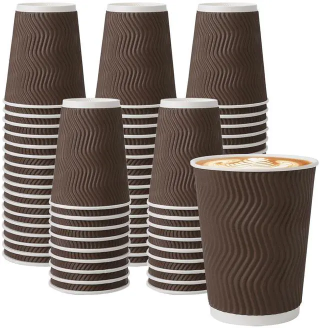 Main image of 150 Pack 12 oz Coffee Cups, Disposable Insulated Corrugated Ripple Wall Paper Coffee Cups, Hot Cold Drinking Cups for Office, Home, Party, Cafe, Travel (Brown)