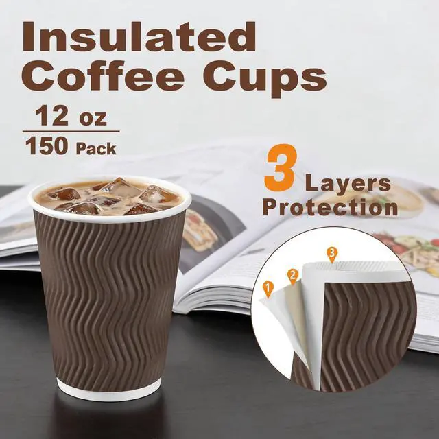 Alt view image 2 of 7 - 150 Pack 12 oz Coffee Cups, Disposable Insulated Corrugated Ripple Wall Paper Coffee Cups, Hot Cold Drinking Cups for Office, Home, Party, Cafe, Travel (Brown)