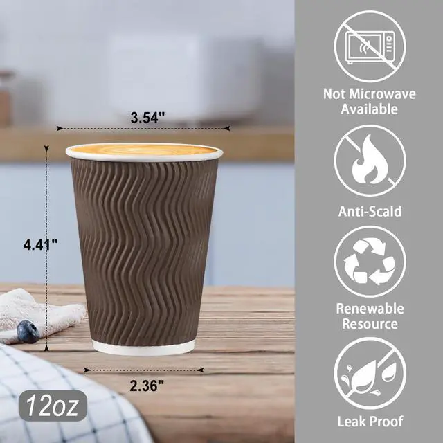 Alt view image 3 of 7 - 150 Pack 12 oz Coffee Cups, Disposable Insulated Corrugated Ripple Wall Paper Coffee Cups, Hot Cold Drinking Cups for Office, Home, Party, Cafe, Travel (Brown)