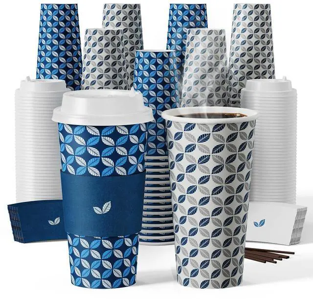 Main image of 100 Pack 20 oz Disposable Coffee Cups, Hot Paper Coffee Cups with Lids, Sleeves and Stirrers for Home, Office, Cafe (Blue Leaf and Grey Leaf)
