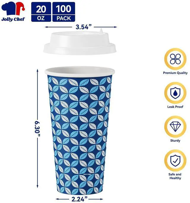 Alt view image 2 of 7 - 100 Pack 20 oz Disposable Coffee Cups, Hot Paper Coffee Cups with Lids, Sleeves and Stirrers for Home, Office, Cafe (Blue Leaf and Grey Leaf)