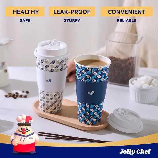 Alt view image 4 of 7 - 100 Pack 20 oz Disposable Coffee Cups, Hot Paper Coffee Cups with Lids, Sleeves and Stirrers for Home, Office, Cafe (Blue Leaf and Grey Leaf)