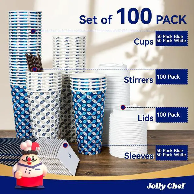 Alt view image 5 of 7 - 100 Pack 20 oz Disposable Coffee Cups, Hot Paper Coffee Cups with Lids, Sleeves and Stirrers for Home, Office, Cafe (Blue Leaf and Grey Leaf)