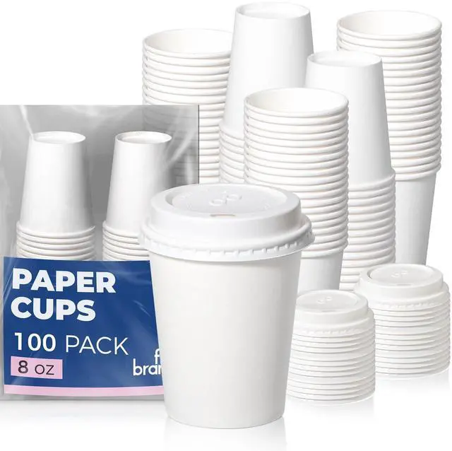 Main image of 100 Pack 8 oz Disposable Coffee Cups with Lids, Premium Paper To Go Cups for Hot/Cold Beverages, Leak Proof Travel Cups for Cold/Hot Beverage, Office (White Lids)