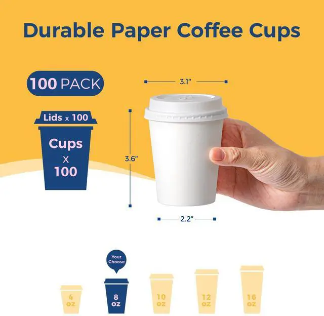 Alt view image 2 of 7 - 100 Pack 8 oz Disposable Coffee Cups with Lids, Premium Paper To Go Cups for Hot/Cold Beverages, Leak Proof Travel Cups for Cold/Hot Beverage, Office (White Lids)
