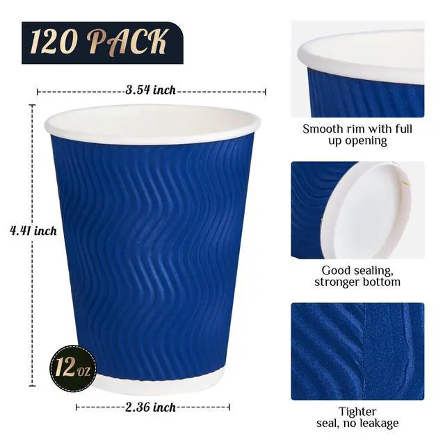 Alt view image 2 of 7 - 120 Pack 12 oz Paper Coffee Cups, Blue Disposable Beverage Cups with Insulated Ripple Wall for Hot or Cold Drinks