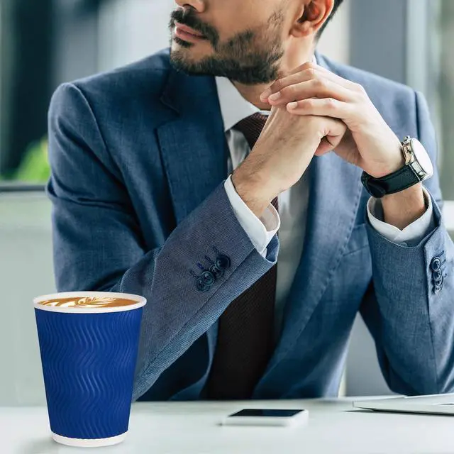 Alt view image 5 of 7 - 120 Pack 12 oz Paper Coffee Cups, Blue Disposable Beverage Cups with Insulated Ripple Wall for Hot or Cold Drinks