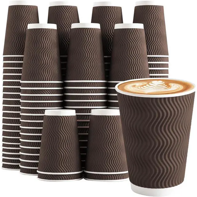 Main image of 100 Pack 12 oz Coffee Cups Disposable, 100 Count Insulated Paper Coffee Cups, Corrugated Ripple Wall Design Paper Cup, Hot Cold Drinking Cup for Party, Picnic, Travel, Business, Home