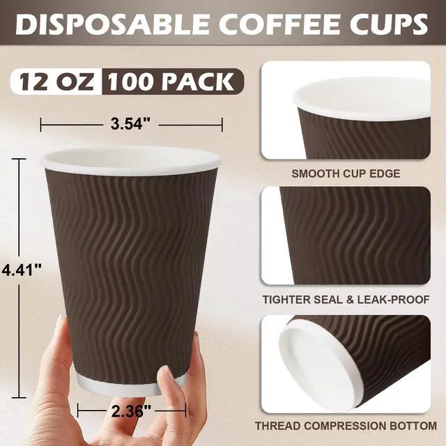 Alt view image 2 of 6 - 100 Pack 12 oz Coffee Cups Disposable, 100 Count Insulated Paper Coffee Cups, Corrugated Ripple Wall Design Paper Cup, Hot Cold Drinking Cup for Party, Picnic, Travel, Business, Home