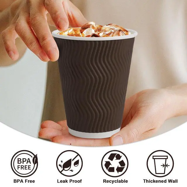 Alt view image 3 of 6 - 100 Pack 12 oz Coffee Cups Disposable, 100 Count Insulated Paper Coffee Cups, Corrugated Ripple Wall Design Paper Cup, Hot Cold Drinking Cup for Party, Picnic, Travel, Business, Home