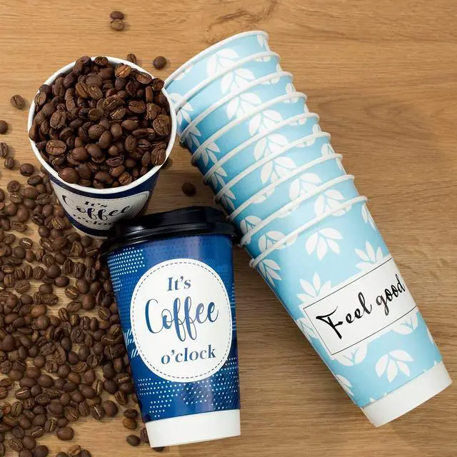Alt view image 2 of 7 - Disposable Coffee Cups with Lids 16 oz, 50 Pack Double-Walled Fun Designs, Insulated, Hot Beverage Paper Cups for Cold & Hot Drinks