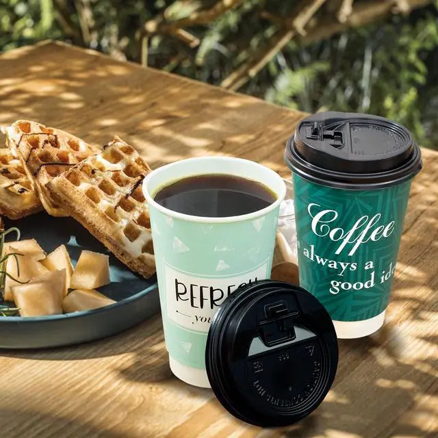 Alt view image 3 of 7 - Disposable Coffee Cups with Lids 16 oz, 50 Pack Double-Walled Fun Designs, Insulated, Hot Beverage Paper Cups for Cold & Hot Drinks