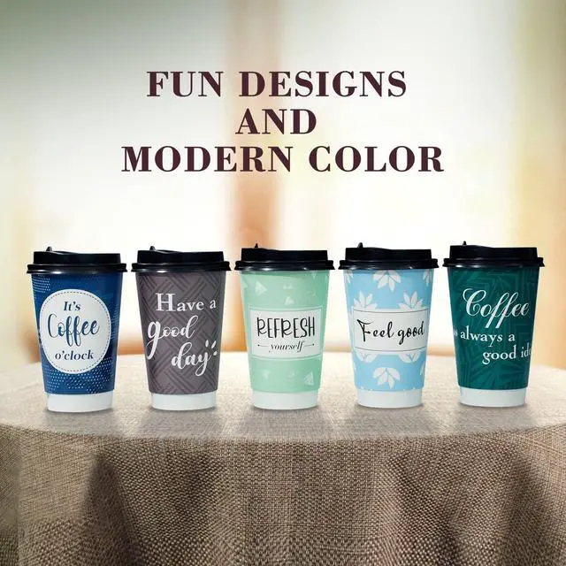 Alt view image 4 of 7 - Disposable Coffee Cups with Lids 16 oz, 50 Pack Double-Walled Fun Designs, Insulated, Hot Beverage Paper Cups for Cold & Hot Drinks