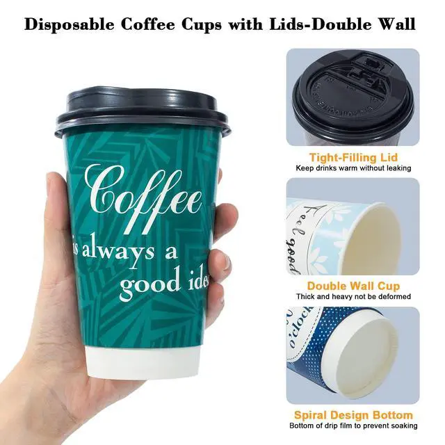 Alt view image 5 of 7 - Disposable Coffee Cups with Lids 16 oz, 50 Pack Double-Walled Fun Designs, Insulated, Hot Beverage Paper Cups for Cold & Hot Drinks