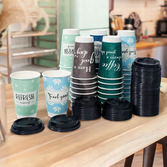 Alt view image 7 of 7 - Disposable Coffee Cups with Lids 16 oz, 50 Pack Double-Walled Fun Designs, Insulated, Hot Beverage Paper Cups for Cold & Hot Drinks