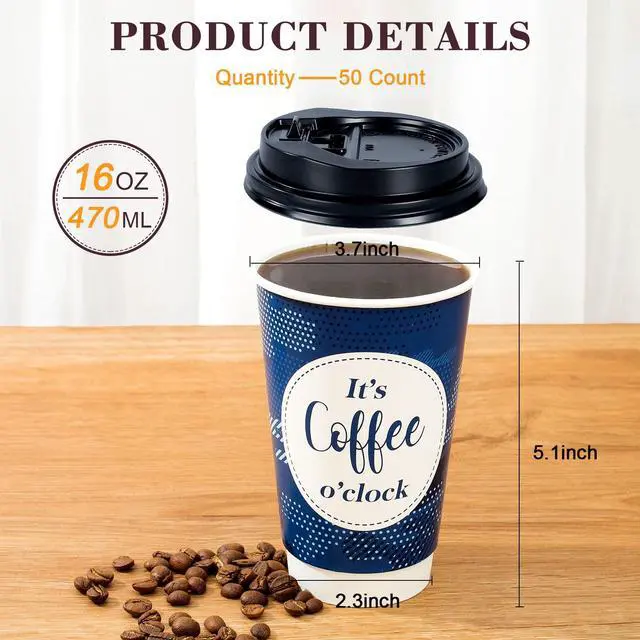 Alt view image 6 of 7 - Disposable Coffee Cups with Lids 16 oz, 50 Pack Double-Walled Fun Designs, Insulated, Hot Beverage Paper Cups for Cold & Hot Drinks